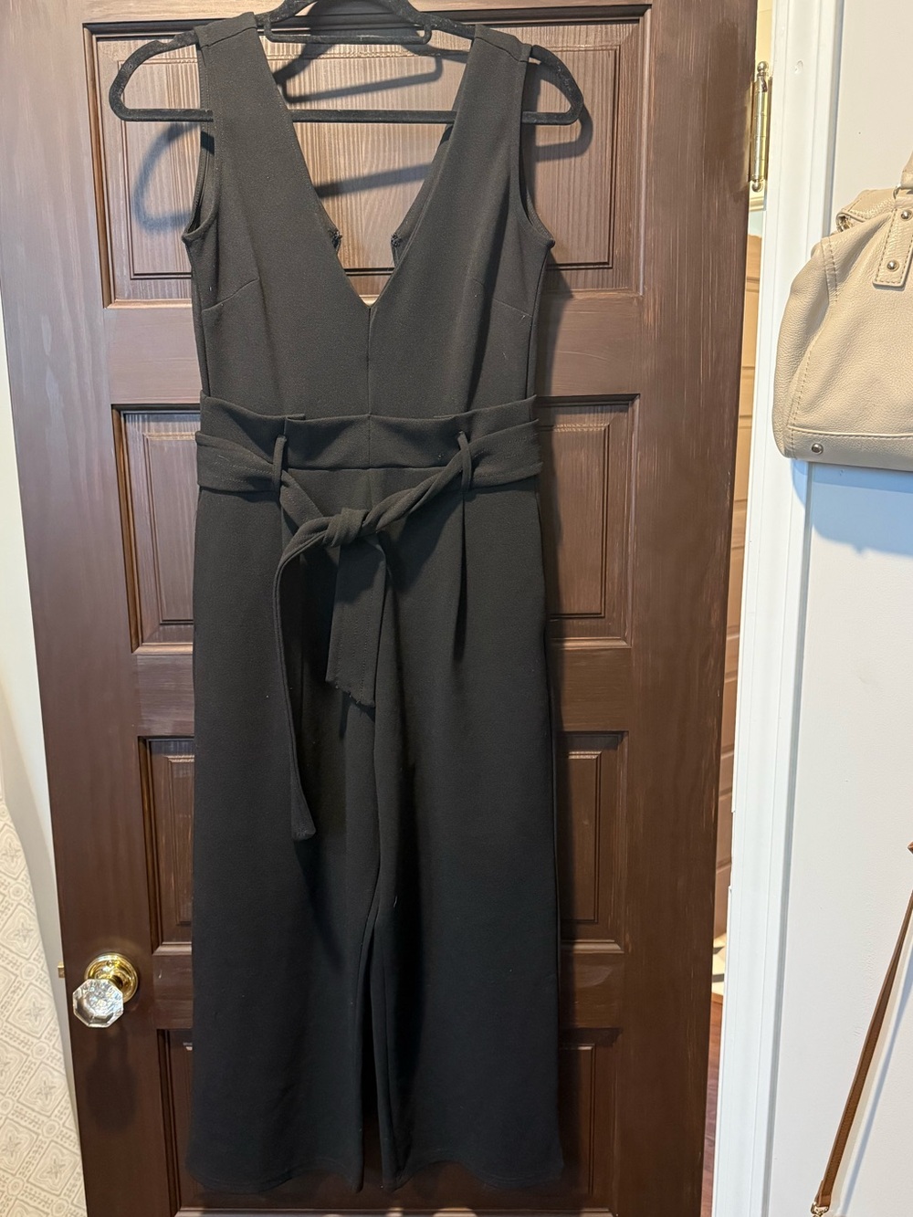 Anthropologie Black V-Neck Sleeveless Midi Jumpsuit with Tie Waist